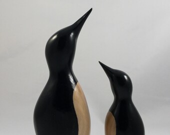 Handcrafted Carved Wooden Mother and Child Penguin Figurines