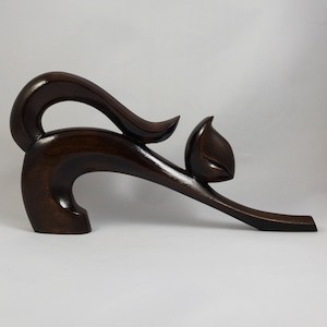 Handcrafted Carved Wooden Playful Cat Figurine