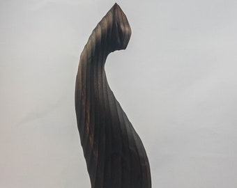 Handcrafted Carved Burned Wooden Black Cat Figurine