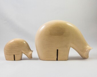 Handcrafted Carved Wooden White Polar Bears Family Mother and Baby Figurines