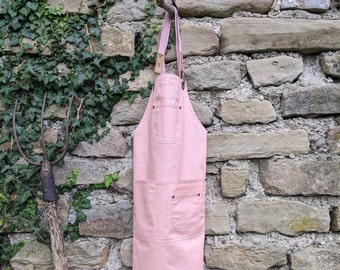 Apron pink grey, design, gardening, cotton, pink grey, double sides, unisex, multi pockets, kitchen, garden, green, cross braces