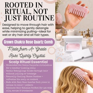 May include: A pink rose quartz comb with rounded teeth, designed for detangling hair. The image includes text: "ROOTED IN RITUAL, NOT JUST ROUTINE" and "Crown Chakra Rose Quartz Comb". The comb is made from A+ grade rose quartz crystal.