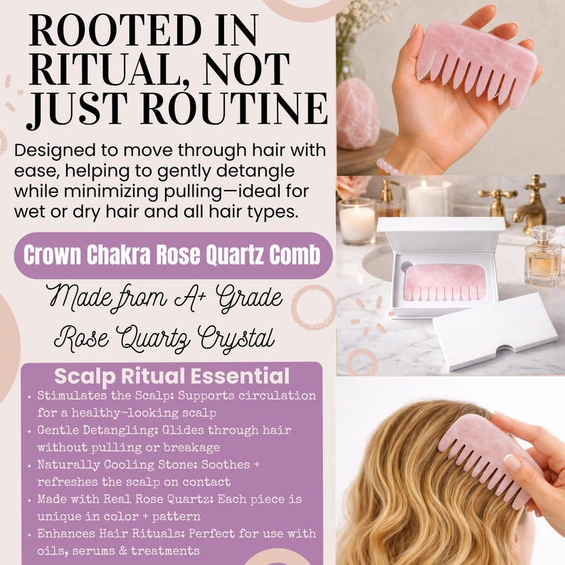 May include: A pink rose quartz comb with rounded teeth, designed for detangling hair. The image includes text: "ROOTED IN RITUAL, NOT JUST ROUTINE" and "Crown Chakra Rose Quartz Comb". The comb is made from A+ grade rose quartz crystal.