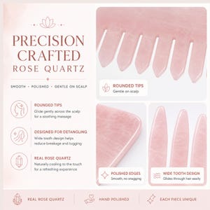 May include: A pink rose quartz comb with rounded tips and a wide tooth design. The comb is designed for detangling and is hand polished. The text on the image says "Precision Crafted Rose Quartz".