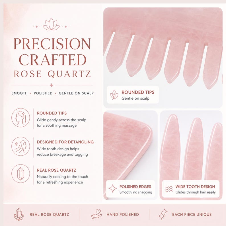 May include: A pink rose quartz comb with rounded tips and a wide tooth design. The comb is designed for detangling and is hand polished. The text on the image says "Precision Crafted Rose Quartz".