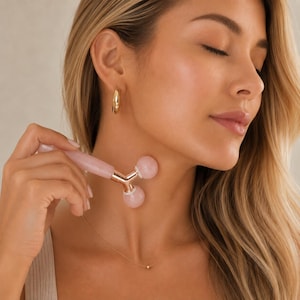 Könnte beinhalten: Ein Gesichtsroller mit zwei glatten, blassrosa Rosenquarzkugeln, die an einem Y-förmigen Rahmen aus roségoldenem Metall befestigt sind, ergänzt durch einen Griff aus Rosenquarz zur Massage der Haut im Bereich von Hals und Kiefer.
