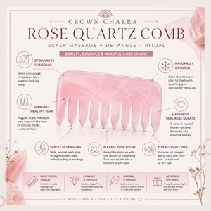 May include: A pink rose quartz comb with wide teeth, designed for scalp massage and detangling. The comb is made of natural rose quartz and is suitable for all hair types. Text on the image reads "Rose Quartz Comb".