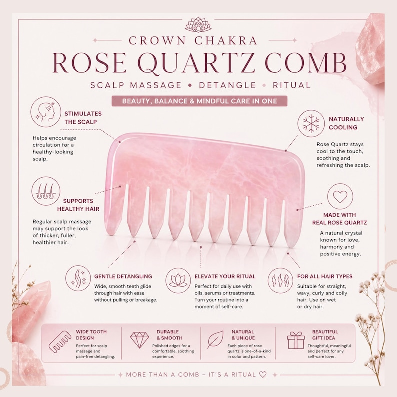 May include: A pink rose quartz comb with wide teeth, designed for scalp massage and detangling. The comb is made of natural rose quartz and is suitable for all hair types. Text on the image reads "Rose Quartz Comb".