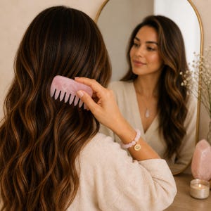 May include: A pink rose quartz comb is used on long, wavy brown hair. The comb is held near a mirror, reflecting the person's face and a bracelet with a gold charm. The scene is lit with soft, natural light, creating a spa-like atmosphere.