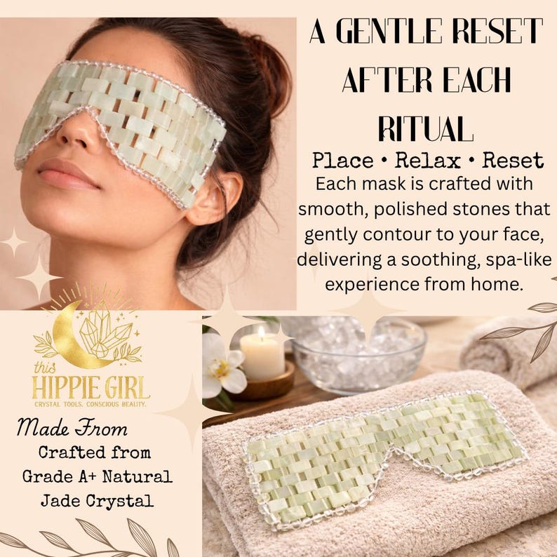 May include: A light green jade crystal eye mask with a woven design, resting on a beige towel. The mask is made from Grade A+ natural jade crystal. Text on the image reads "A Gentle Reset After Each Ritual."