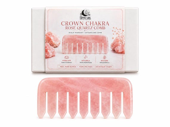 Crown Chakra Rose Quartz Comb | Crystal Scalp Massage Comb | Wide Tooth Detangling Comb | Rose Quartz Hair Comb | Self Care Hair Ritual Tool
