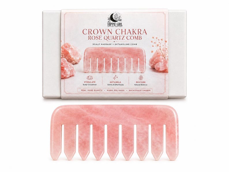 May include: A pink rose quartz comb with a rounded handle and seven teeth, displayed with its white box. The box features the text "CROWN CHAKRA ROSE QUARTZ COMB" and images of rose quartz crystals. The comb is designed for scalp massage and detangling.
