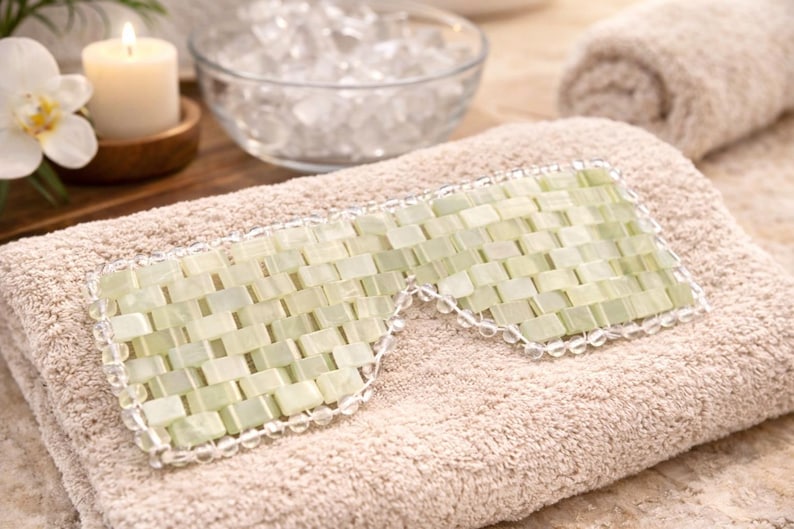 May include: A light green jade eye mask with a woven design, resting on a beige towel. The mask is surrounded by a clear beaded trim. A lit candle, a bowl of ice, and a rolled towel are in the background.