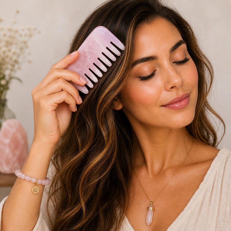 May include: A light pink rose quartz comb is used on long, wavy brown hair. A rose quartz bracelet with a gold charm and a gold necklace with a rose quartz pendant are also visible. The comb has a rectangular shape with evenly spaced teeth.