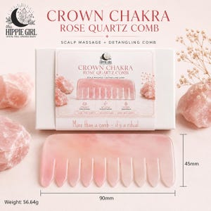May include: A pink rose quartz comb, 90mm long and 45mm wide, with the text "CROWN CHAKRA ROSE QUARTZ COMB". The comb is designed for scalp massage and detangling. The weight is 56.64g.
