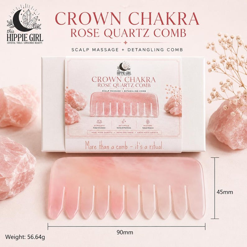 May include: A pink rose quartz comb, 90mm long and 45mm wide, with the text "CROWN CHAKRA ROSE QUARTZ COMB". The comb is designed for scalp massage and detangling. The weight is 56.64g.