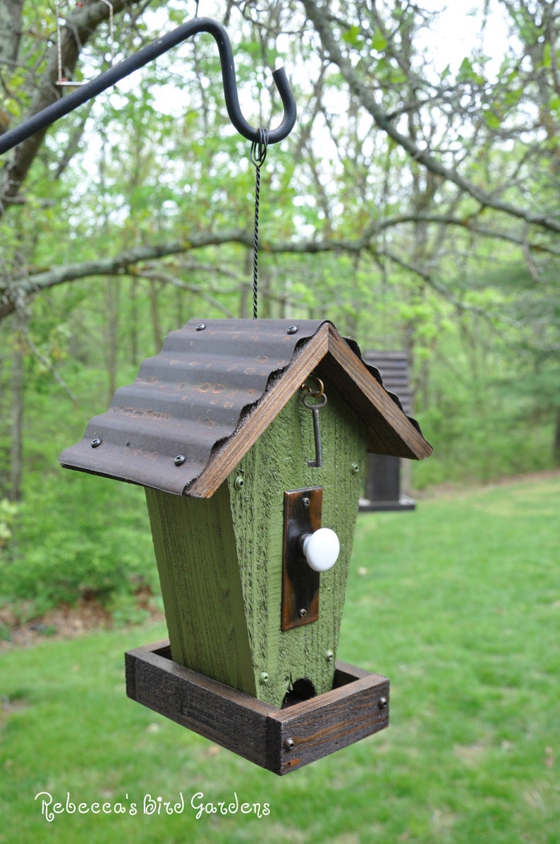 Green Rustic Bird Feeder The Cafe Wooden Bird Etsy