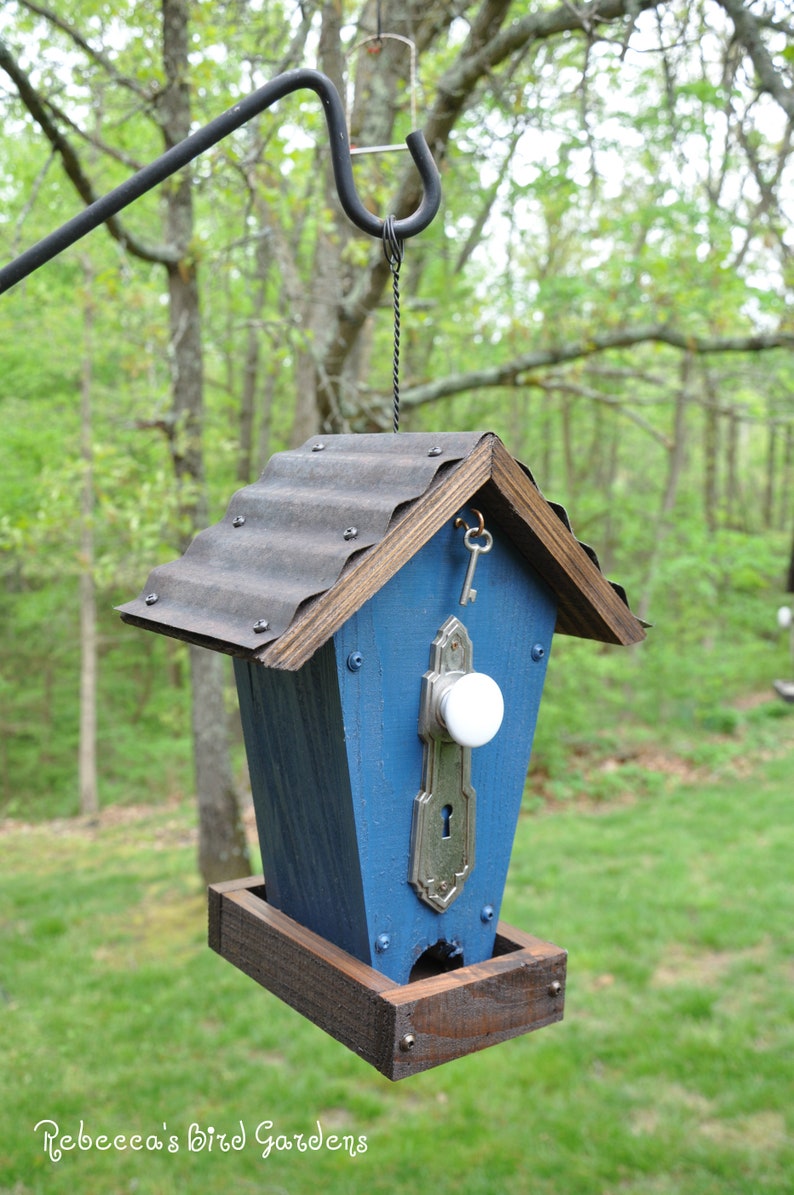 Blue Rustic Bird Feeder The Cafe Wooden Bird Feeder Etsy