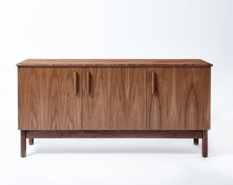 NEW // Credenza and Media Cabinet Made of Walnut Veneer and Solid Hardwood. Mid Century Style with Three Doors and Adjustable Shelves.