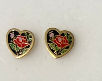 Small Heart Stud Post Earrings - Enamel Rose Flower on Heart post earring- Red Rose earring