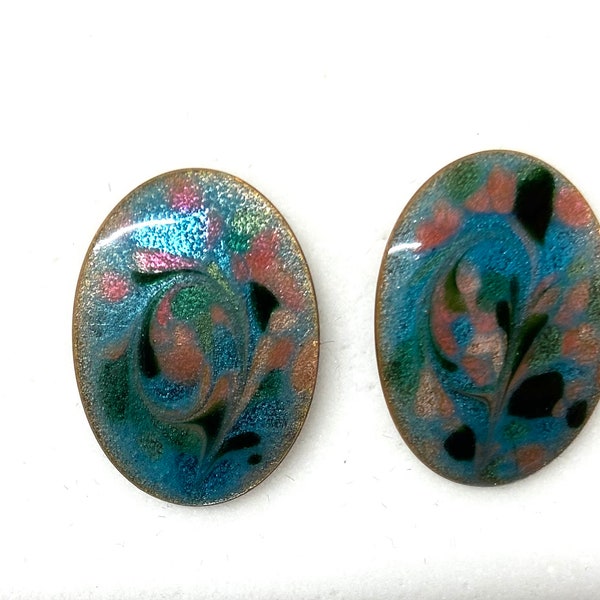 Enamel on Copper Post Earrings , Large  Oval enamel Earrings, Inga Enamels, Aqua Peach Green stud earrings