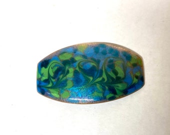 Handmade enamel on copper pin- Square end oval Shape- Green and Blue Colors - Inga Enamels