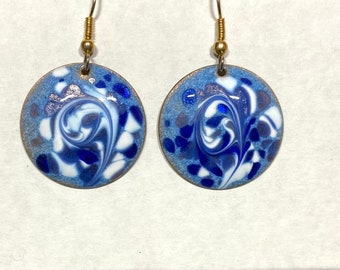 Enamel on Copper Large Round dangle earrings, Navy Blue and White colors, Inga Enamels