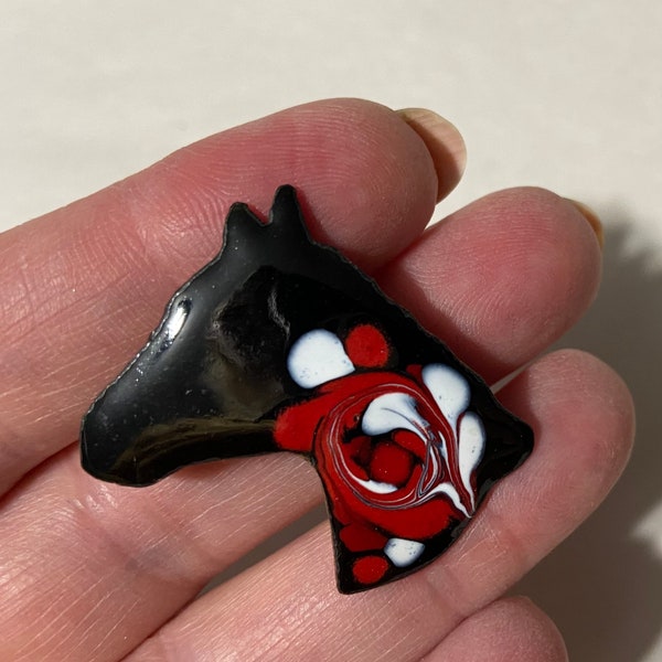 Horsehead Pin, Enamel on Copper pin, Animal pin- Red, Black and White Horse head pin