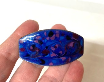 Beautiful Blue and Pink Enamel on copper Hair Barrette.  Smaller size , 1 3/4" barrette- artisan made, signed Inga