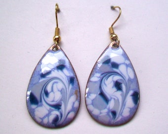 Enamel on Copper Large Teardrop dangle earrings, Light Blue and White colors- Inga Enamels