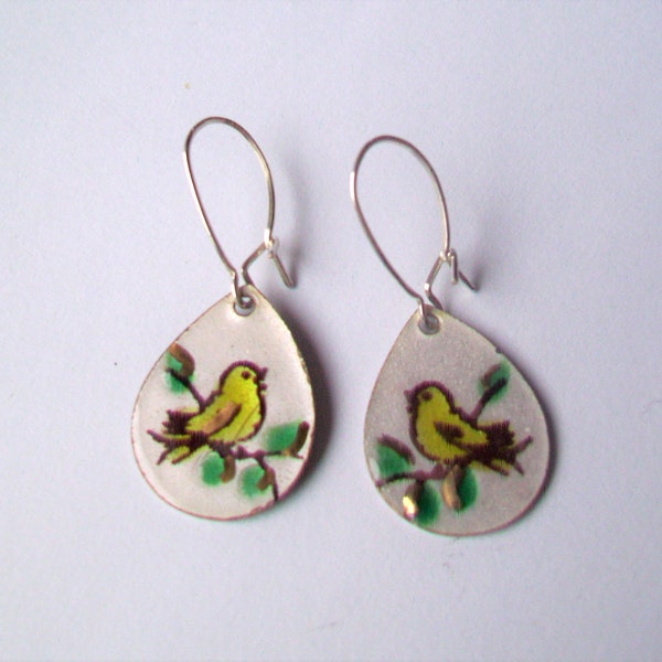 Canary Bird earrings,  Handpainted enamel Yellow Canary Bird dangle earrings, sterling wire