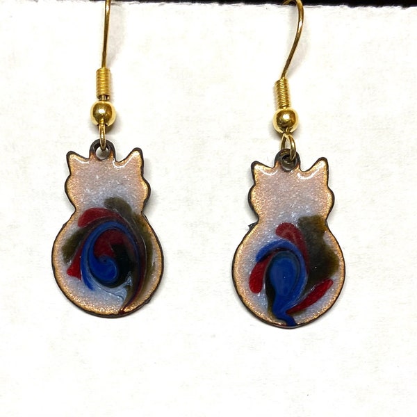 Cute Cat  shape  dangle earring - enamel on copper- Blue, Red, Gray