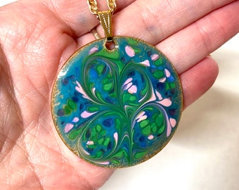 Large Round enamel on copper pendant. Pink, Green and Lavender color glass necklace, Inga Enamels