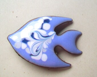 Enamel on Copper pin, FISH shape, Blue and White colored Fish Brooch,  Summer color