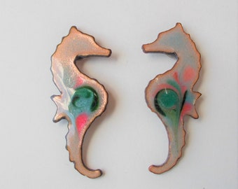 Seahorse shape Enamel on Copper Post Earrings ,  Aqua, Peach colors- Inga Enamels