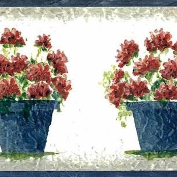 Red Geraniums Vintage Wallpaper Border Floral Blue Gray White Faux SYL8003 15 Feet
