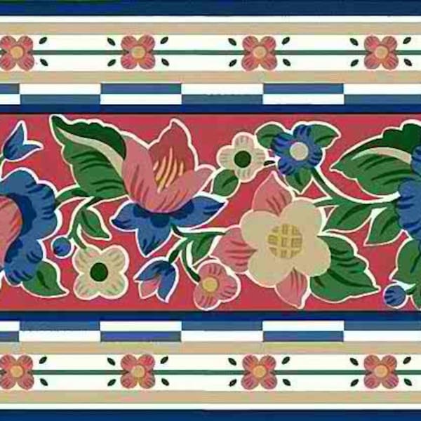 Waverly Floral Vintage Wallpaper Border Red Blue Yellow Green Stripe 565412 15 Feet