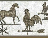 WEATHERVANE Wallpaper Border Horse, Rooster, Train Brown Gray VINTAGE FK71400 Antiqued Marbled Background, Locamotive, Chicken