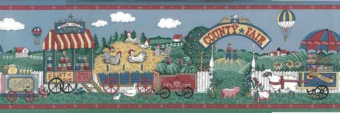 Blue COUNTY FAIR Wallpaper Border Pigs Chickens 56845020 Red - Etsy