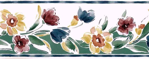 Blue Tulips Vintage Wallpaper Border Floral Daisies Yellow Etsy