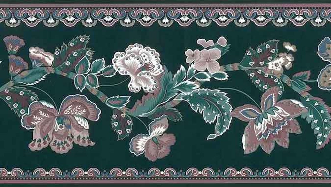 Green, Mauve PAISLEY Wallpaper Border Floral Pattern With White & Dark