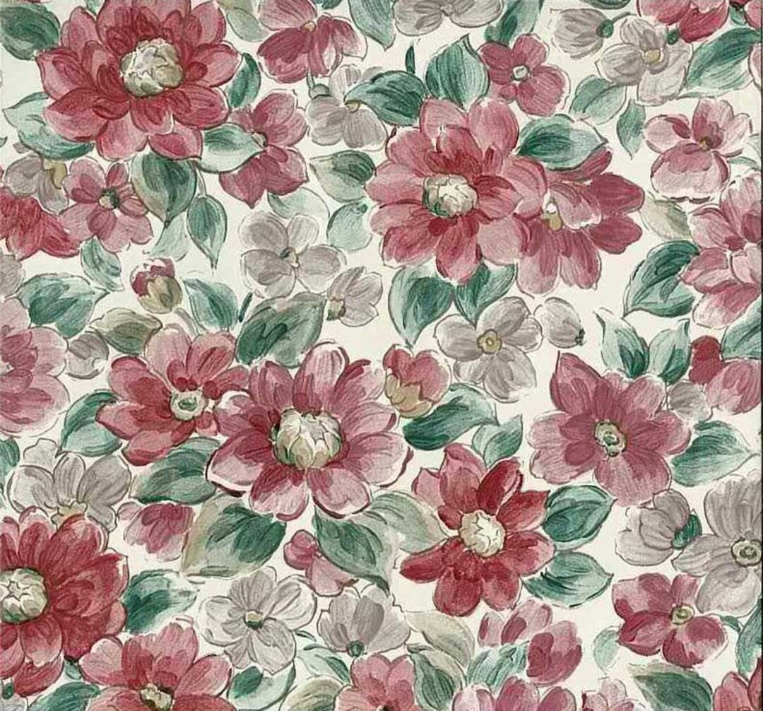 Red Floral Vintage Wallpaper Rose Pink Lavender Green Offwhite KM3123
