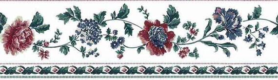 Village Wallpaper Border Flowers Violet Blue Sage Beige Floral Vinyl Pre-pasted