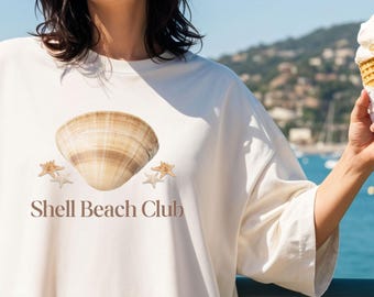 Beige Shell Beach Club T-Shirt: Summer Coastal Tee