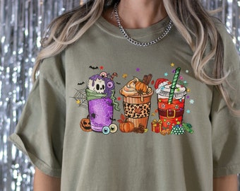 Latte Drink Crewneck,xmas Latte Tee,Thanksgiving Coffee Tee-shirts,Christmas Coffee Tee-shirts,Halloween Coffee Tee-shirts,Animated Coffee