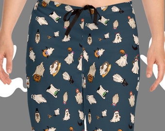 Halloween spookjes in kostuums patroon damespyjama, cowboy spook pyjama, loungebroek voor dames Halloween slaapfeestje, comfortabele pyjamabroek met hoge taille.