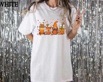 Halloween Autumn Iced Coffee Crewneck Shirt, Pumpkin Spice Latte Coffee TeeShirts, Hot Coffee Thanksgiving Shirts,Gnome Coffee Lover Present
