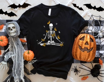 Skeleton Shirts, Skeleton Fall Shirt, Halloween Shirt Gift, Skeleton Yoga Shirt, Butterfly Lover Gift, Halloween Party, Bella Canvas Shirts