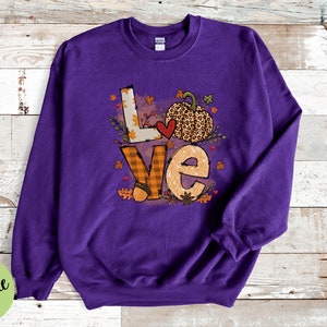 May include: A purple sweatshirt with the word "LOVE" in a fall-themed design. The "L" is white, the "O" is orange, the "V" is orange plaid, and the "E" is tan. A leopard print pumpkin and red heart are also featured.