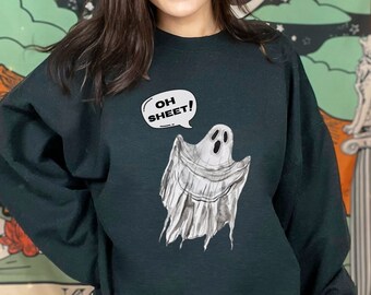 Oh Sheet Ghost Sweat Shirt, Trick-or-Treat Costume, Funny Halloween Ghost Sweater Gift, Trendy College Halloween Party Graphic Sweatshirt